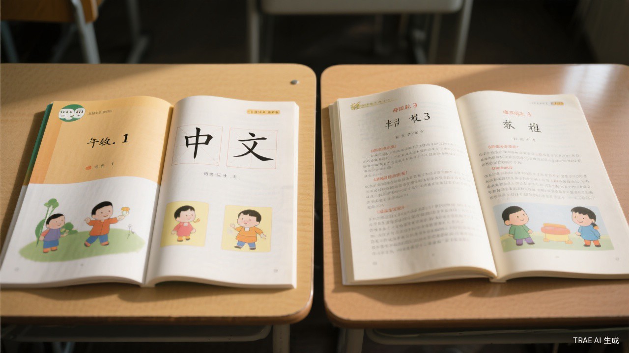 学习难度对比:一二年级和三年级的课本内容对比,显示知识难度的跳跃